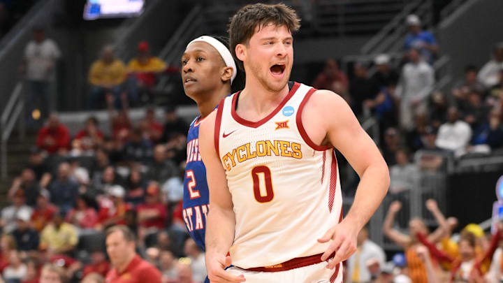 Mar 20, 2026; St. Louis, MO, USA; Iowa State Cyclones guard Nate Heise (0) and Iowa State Cyclones guard Mason Williams (2) react during the first half of a first round game of the men's 2026 NCAA Tournament at Enterprise Center. Mar 20, 2026; St. Louis, MO, USA; Iowa State Cyclones guard Nate Heise (0) and Iowa State Cyclones guard Mason Williams (2) react during the first half of a first round game of the men's 2026 NCAA Tournament at Enterprise Center.
