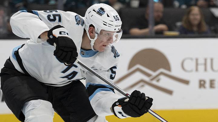 Oct 1, 2024; San Jose, California, USA;  Utah Hockey Club defenseman Maksymilian Szuber (55) during the second period against the San Jose Sharks at SAP Center at San Jose. Mandatory Credit: Stan Szeto-Imagn Images
