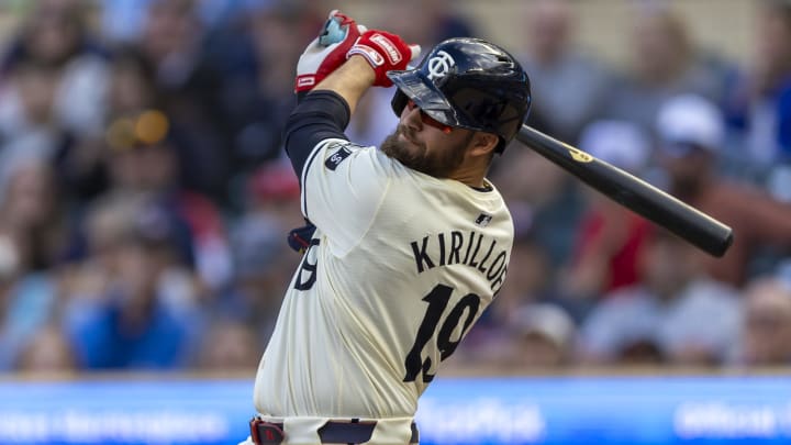 May 29, 2024; Minneapolis, Minnesota, USA; Minnesota Twins designated hitter Alex Kirilloff (19) hits a single in the against the Kansas City Royals in the first inning at Target Field. Mandatory Credit: Jesse Johnson-USA TODAY Sports
