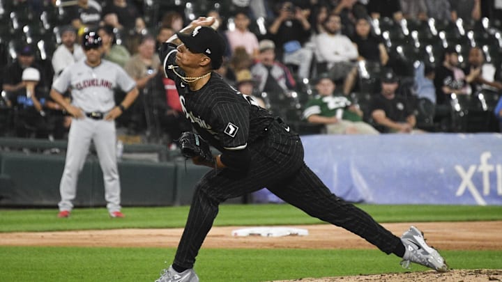 Sep 9, 2024; Chicago, Illinois, USA;  Chicago White Sox pitcher Jairo Iriarte (52) delivers against the Cleveland Guardians during the fourth inning at Guaranteed Rate Field. Mandatory Credit: Matt Marton-Imagn Images