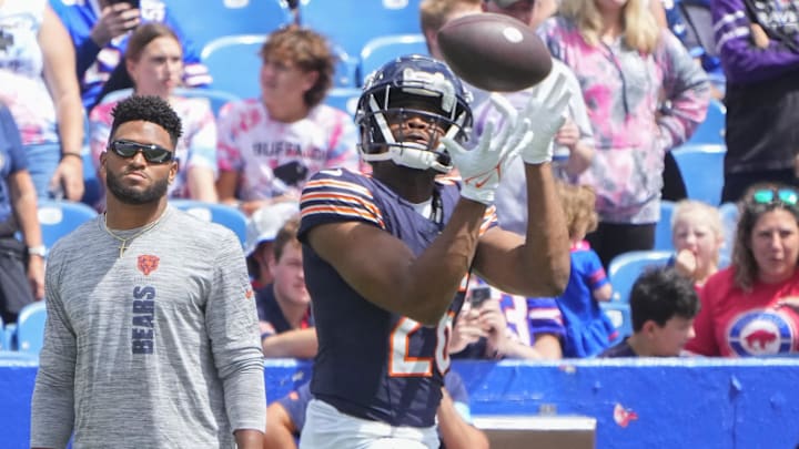 Aug 10, 2024; Orchard Park, New York, USA; Chicago Bears safety Quindell Johnson (26) warms up prior to the game against the Buffalo Bills at Highmark Stadium. Mandatory Credit: Gregory Fisher-Imagn Images