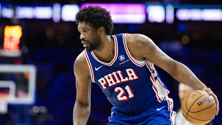 May 2, 2024; Philadelphia, Pennsylvania, USA; Philadelphia 76ers center Joel Embiid (21) in action against the New York Knicks during game six of the first round for the 2024 NBA playoffs at Wells Fargo Center. Mandatory Credit: Bill Streicher-USA TODAY Sports