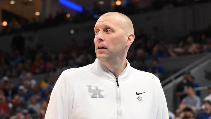 Mar 20, 2026; St. Louis, MO, USA; Kentucky Wildcats head coach Mark Pope looks on against the Santa Clara Broncos during the first half of a first round game of the men's 2026 NCAA Tournament at Enterprise Center. Mandatory Credit: Jeff Curry-Imagn Images