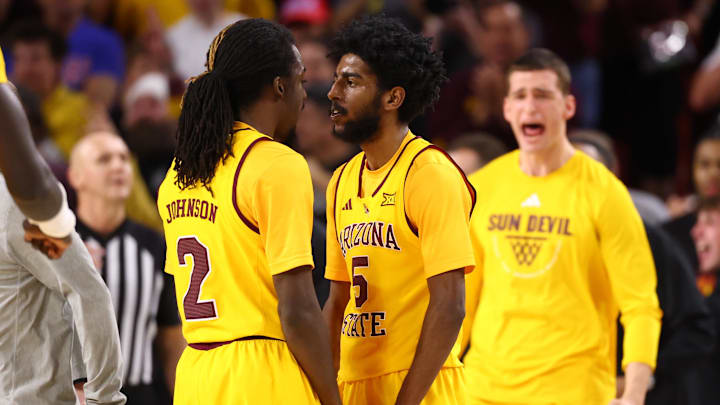 Mar 3, 2026; Tempe, Arizona, USA; Arizona State Sun Devils guard Maurice Odum (5) celebrates with Anthony Johnson (2) against the Kansas Jayhawks in the second half at Desert Financial Arena. Mandatory Credit: Mark J. Rebilas-Imagn Images