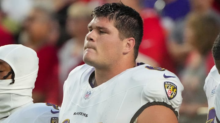 Sep 5, 2024; Kansas City, Missouri, USA; Baltimore Ravens center Tyler Linderbaum (64) on field prior to a game against the Kansas City Chiefs at GEHA Field at Arrowhead Stadium. Mandatory Credit: Denny Medley-Imagn Images Sep 5, 2024; Kansas City, Missouri, USA; Baltimore Ravens center Tyler Linderbaum (64) on field prior to a game against the Kansas City Chiefs at GEHA Field at Arrowhead Stadium. Mandatory Credit: Denny Medley-Imagn Images