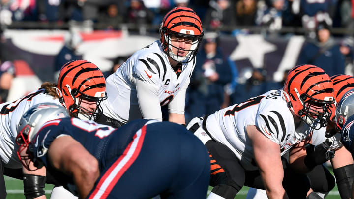 Dec 24, 2022; Foxborough, Massachusetts, USA; Cincinnati Bengals quarterback Joe Burrow (9) during the first half at against the New England Patriots Gillette Stadium. Mandatory Credit: Eric Canha-USA TODAY Sports