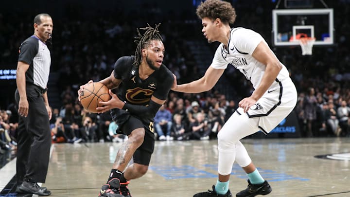 Mar 23, 2023; Brooklyn, New York, USA; Cleveland Cavaliers guard Darius Garland (10) looks to drive past Brooklyn Nets forward Cameron Johnson (2) in the second quarter at Barclays Center. Mandatory Credit: Wendell Cruz-USA TODAY Sports Mar 23, 2023; Brooklyn, New York, USA; Cleveland Cavaliers guard Darius Garland (10) looks to drive past Brooklyn Nets forward Cameron Johnson (2) in the second quarter at Barclays Center. Mandatory Credit: Wendell Cruz-USA TODAY Sports