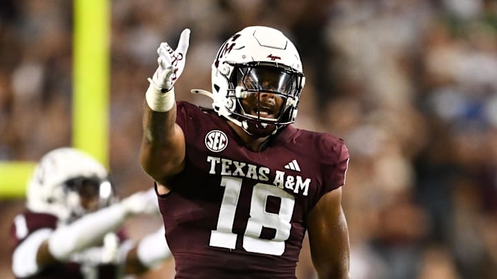 Aug 31, 2024; College Station, Texas, USA; Texas A&M Aggies defensive lineman Cashius Howell (18) reacts during the fourth quarter against the Notre Dame Fighting Irish at Kyle Field. Mandatory Credit: Maria Lysaker-Imagn Images