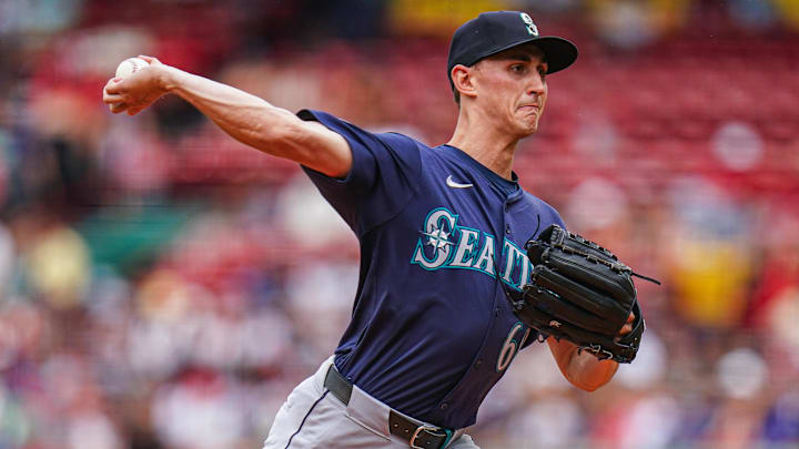 Seattle Mariners pitcher George Kirby throws during a game against the Boston Red Sox on July 31, 2024, at Fenway Park.