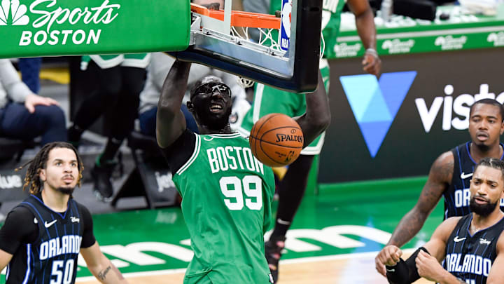 Jan 15, 2021; Boston, Massachusetts, USA; Boston Celtics center Tacko Fall (99) dunks and scores against the Orlando Magic during the fourth quarter at the TD Garden. Mandatory Credit: Brian Fluharty-Imagn Images