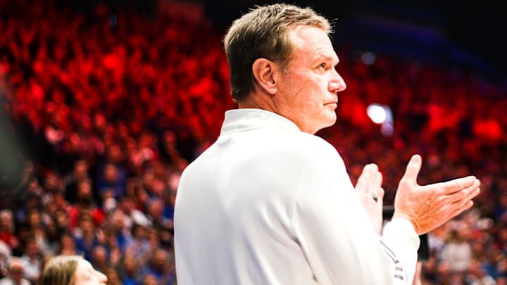 Kansas head coach Bill Self looks on during a college basketball game against Missouri at the Allen Fieldhouse on Dec. 9, 2023, in Lawrence, Kan.