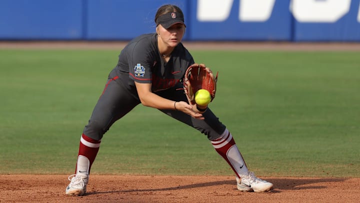 Stanford infielder Taryn Kern (99) fields the ball in the first inning of a Women's College World Series semifinal softball game between the Stanford Cardinal and the Texas Longhorns at Devon Park in Oklahoma City, Monday, June 3, 2024. Texas won 1-0.