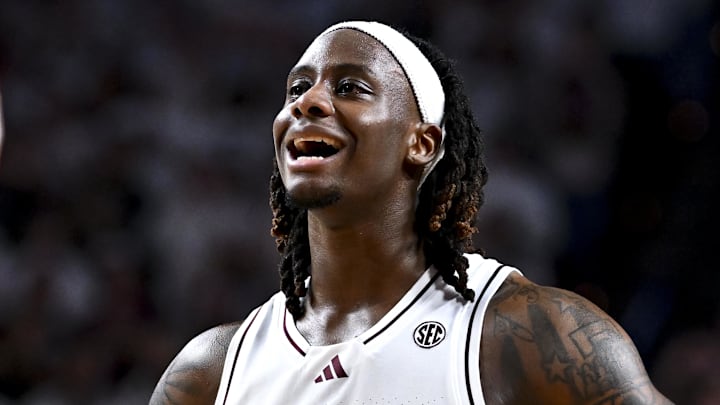 Jan 4, 2025; College Station, Texas, USA; Texas A&M Aggies guard Manny Obaseki (35) reacts during the first half against the Texas Longhorns at Reed Arena. The Aggies defeated the Longhorns 80-60. Mandatory Credit: Maria Lysaker-Imagn Images Jan 4, 2025; College Station, Texas, USA; Texas A&M Aggies guard Manny Obaseki (35) reacts during the first half against the Texas Longhorns at Reed Arena. The Aggies defeated the Longhorns 80-60. Mandatory Credit: Maria Lysaker-Imagn Images
