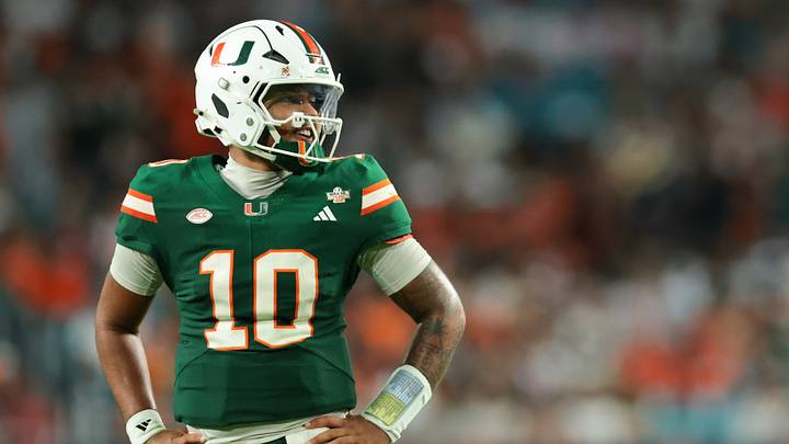 Sep 26, 2026; Miami Gardens, Florida, USA; Miami Hurricanes quarterback Darian Mensah (10) looks on from the field against the Central Michigan Chippewas during the third quarter at Hard Rock Stadium. Mandatory Credit: Sam Navarro-Imagn Images