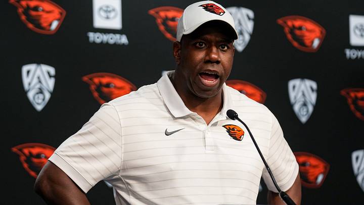Oregon State head coach JaMarcus Shepard speaks to the media after the 35-24 loss to Texas Tech during an NCAA football game at Reser Stadium on Saturday, Sept. 12, 2026, in Corvallis, Oregon