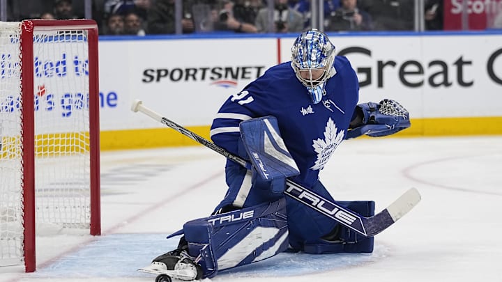 May 5, 2025; Toronto, Ontario, CAN; Toronto Maple Leafs goaltender Anthony Stolarz (41) makes a toe save against the Florida Panthers during the second period of the second round of the 2025 Stanley Cup Playoffs at Scotiabank Arena. Mandatory Credit: John E. Sokolowski-Imagn Images