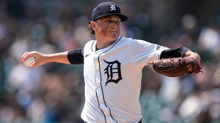 Detroit Tigers pitcher Reese Olson (45) throws against San Diego Padres during the first inning at Comerica Park in Detroit on Wednesday, April 23, 2025.