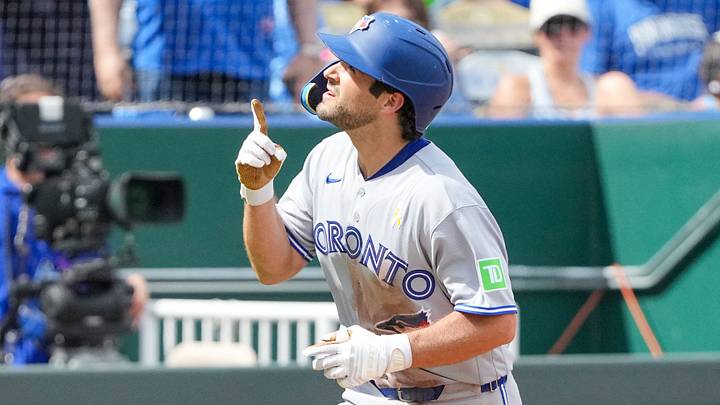 Toronto Blue Jays second baseman Josh Smith celebrates while running the bases against the Kansas City Royals after hitting a solo home run in the sixth inning Sunday at Kauffman Stadium. Denny Medley-Imagn Images