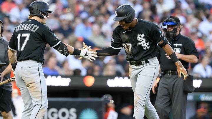Jun 19, 2026: Chicago White Sox right fielder Junior Perez (37) celebrates at home plate with White Sox left fielder Sam Antonacci (17) after hitting a solo home run against the Detroit Tigers in the sixth inning at Comerica Park. 