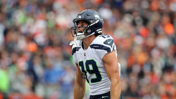 Oct 15, 2023; Cincinnati, Ohio, USA;  Seattle Seahawks wide receiver Jake Bobo (19) celebrates after his long catch and run during the third quarter against the Cincinnati Bengals at Paycor Stadium. Mandatory Credit: Joseph Maiorana-Imagn Images