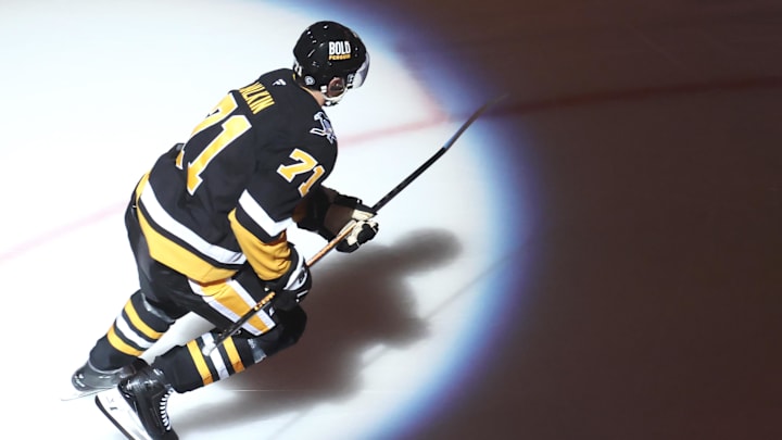 Mar 18, 2025; Pittsburgh, Pennsylvania, USA;  Pittsburgh Penguins center Evgeni Malkin (71) takes the ice against the New York Islanders at PPG Paints Arena. Mandatory Credit: Charles LeClaire-Imagn Images