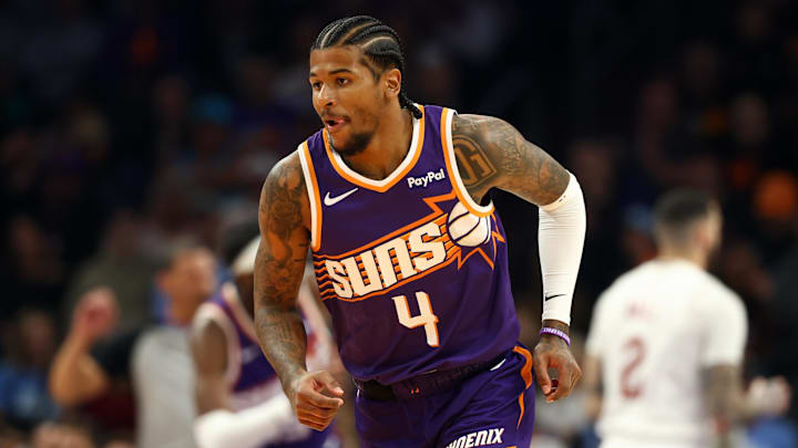Jan 30, 2026; Phoenix, Arizona, USA; Phoenix Suns guard Jalen Green (4) against the Cleveland Cavaliers in the first half at Mortgage Matchup Center. Mandatory Credit: Mark J. Rebilas-Imagn Images