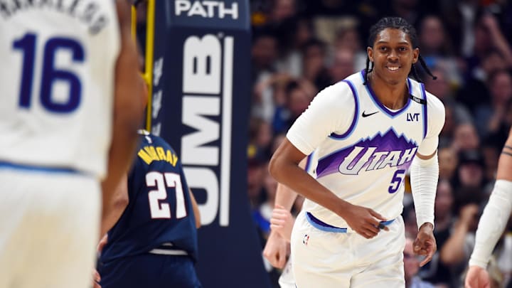 Mar 27, 2026; Denver, Colorado, USA; Utah Jazz forward Cody Williams (5) after scoring during the second half against the Denver Nuggets at Ball Arena. Mandatory Credit: Christopher Hanewinckel-Imagn Images