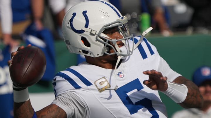 Nov 17, 2024; East Rutherford, New Jersey, USA; Indianapolis Colts quarterback Anthony Richardson (5) warms up before the game against the New York Jets at MetLife Stadium. Mandatory Credit: Robert Deutsch-Imagn Images Nov 17, 2024; East Rutherford, New Jersey, USA; Indianapolis Colts quarterback Anthony Richardson (5) warms up before the game against the New York Jets at MetLife Stadium. Mandatory Credit: Robert Deutsch-Imagn Images