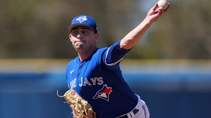 Toronto Blue Jays pitcher Brandon Eisert (79) participates in spring workouts at the Blue Jays Player Development Complex in February 2023 in Dunedin, Florida. Mandatory Credit: Nathan Ray Seebeck-Imagn Images