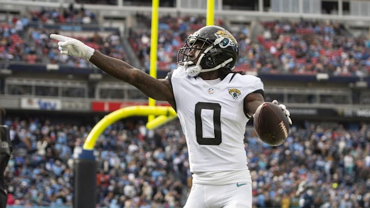 Jan 7, 2024; Nashville, Tennessee, USA;  Jacksonville Jaguars wide receiver Calvin Ridley (0) reacts