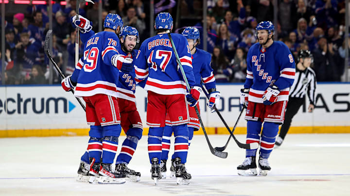 Feb 2, 2025; New York, New York, USA; New York Rangers defenseman K'Andre Miller (79) celebrates his goal against the Vegas Golden Knights during the third period at Madison Square Garden. Mandatory Credit: Danny Wild-Imagn Images
