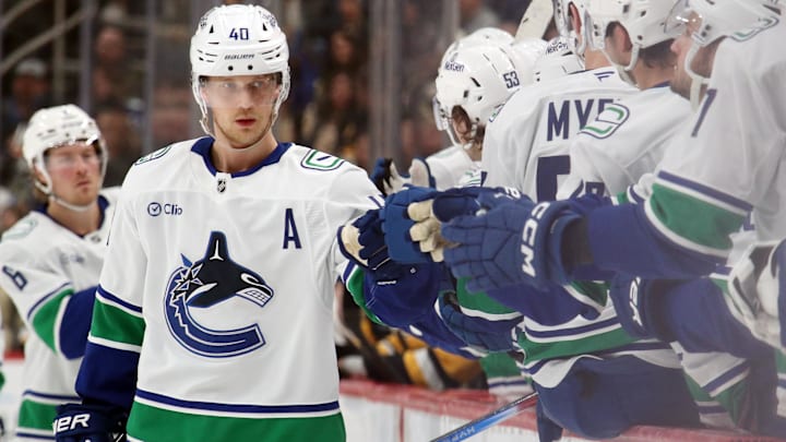 Nov 27, 2024; Pittsburgh, Pennsylvania, USA;  Vancouver Canucks center Elias Pettersson (40) celebrates his goal with the Canucks bench against the Pittsburgh Penguins during the third period at PPG Paints Arena. Mandatory Credit: Charles LeClaire-Imagn Images