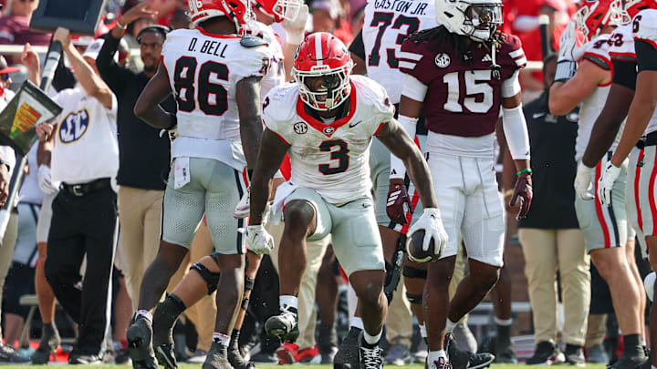 Nov 8, 2025; Starkville, Mississippi, USA; Georgia Bulldogs running back Nate Frazier (3) reacts after running the ball against the Mississippi State Bulldogs during the second half at Davis Wade Stadium at Scott Field. Mandatory Credit: Wesley Hale-Imagn Images