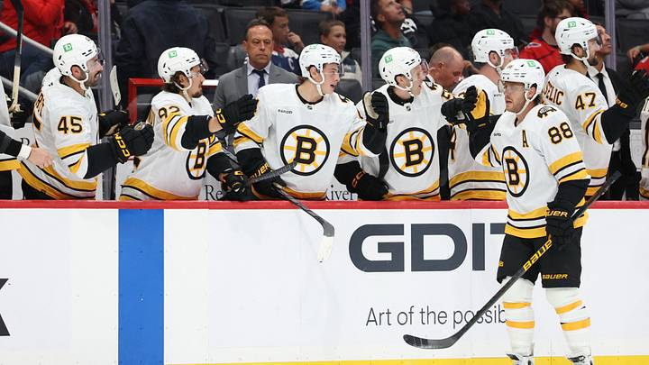 Sep 25, 2026; Washington, District of Columbia, USA; Boston Bruins right wing David Pastrnak (88) celebrates with teammates after scoring a goal against the Washington Capitals during the third period at Capital One Arena. Mandatory Credit: Geoff Burke-Imagn Images