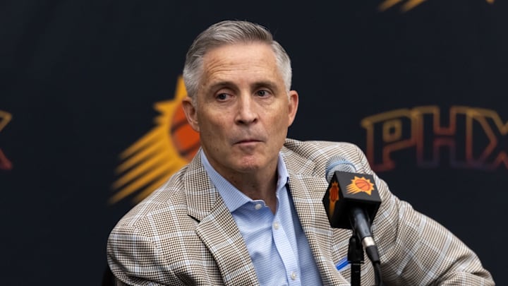 Jun 10, 2025; Scottsdale, AZ, USA; Phoenix Suns general manager Brian Gregory during an introductory press conference at the Verizon 5g Performance Center. Mandatory Credit: Mark J. Rebilas-Imagn Images
