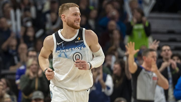 Minnesota Timberwolves guard Donte DiVincenzo smiles after making a shot against the San Antonio Spurs in the second half at Target Center in Minneapolis on Dec. 29, 2024.
