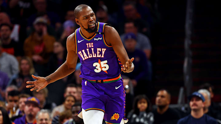 Dec 19, 2024; Phoenix, Arizona, USA; Phoenix Suns forward Kevin Durant (35) reacts after a play during the second quarter against the Indiana Pacers at Footprint Center. Mandatory Credit: Mark J. Rebilas-Imagn Images
