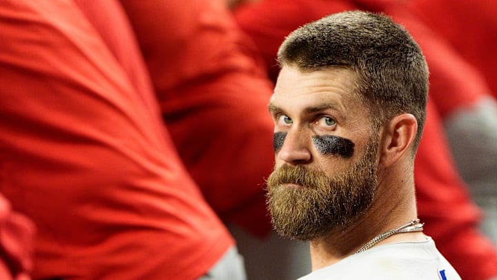 Philadelphia Phillies infielder Bryce Harper (3) looks back from the dugout during the sixth inning against the Arizona Diamondbacks at Chase Field. 
