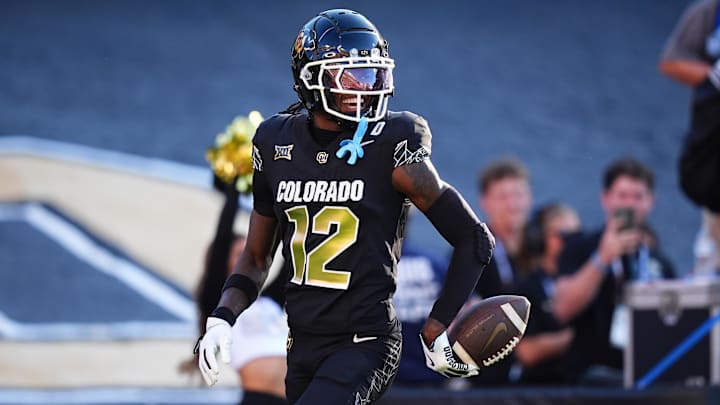 Aug 29, 2024; Boulder, Colorado, USA; Colorado Buffaloes wide receiver Travis Hunter (12) reacts after scoring a touchdown in the first half against the North Dakota State Bison at Folsom Field. Mandatory Credit: Ron Chenoy-Imagn Images Aug 29, 2024; Boulder, Colorado, USA; Colorado Buffaloes wide receiver Travis Hunter (12) reacts after scoring a touchdown in the first half against the North Dakota State Bison at Folsom Field. Mandatory Credit: Ron Chenoy-Imagn Images