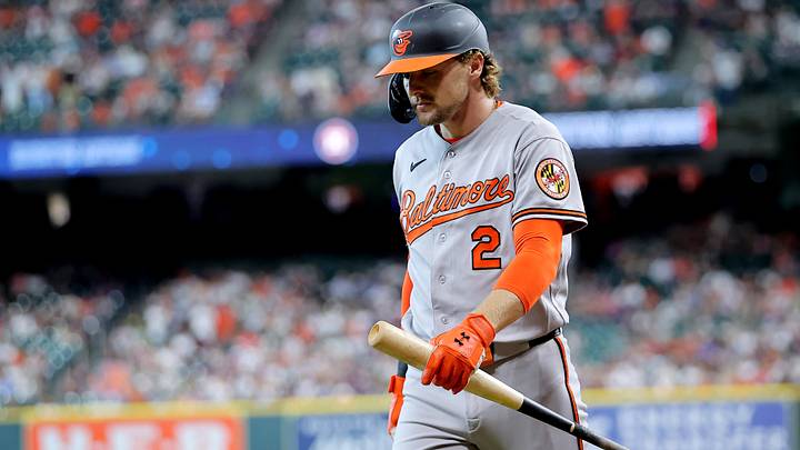 Jul 18, 2026; Houston, Texas, USA; Baltimore Orioles shortstop Gunnar Henderson (2) walks to the dugout after striking out against the Houston Astros during the first inning at Daikin Park. Mandatory Credit: Erik Williams-Imagn Images