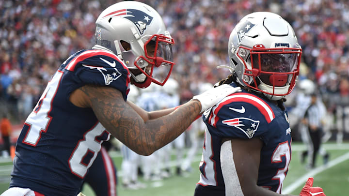 Nov 6, 2022; Foxborough, Massachusetts, USA;  New England Patriots wide receiver Kendrick Bourne (84) congratulates running back Rhamondre Stevenson (38) after scoring a touchdown during the first half against the Indianapolis Colts at Gillette Stadium. Mandatory Credit: Bob DeChiara-USA TODAY Sports