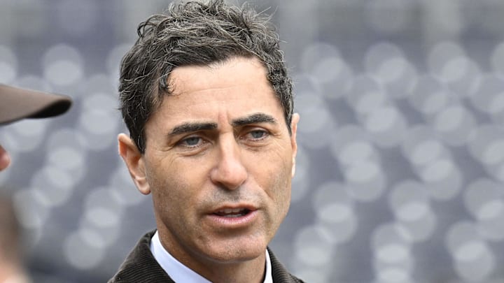 Mar 27, 2025; San Diego, California, USA; San Diego Padres general manager A.J. Preller looks on before an Opening Day baseball game between the San Diego Padres and the Atlanta Braves at Petco Park. Mandatory Credit: Denis Poroy-Imagn Images
