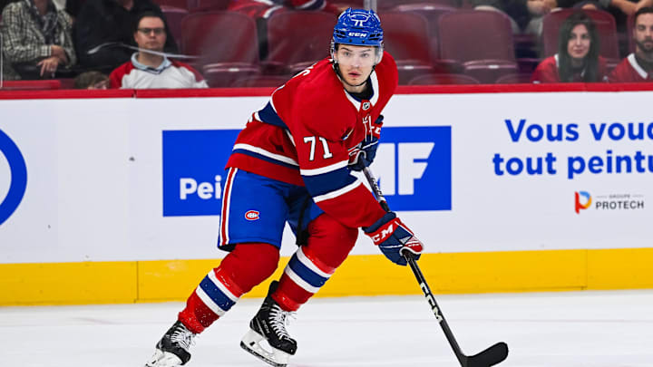 Oct 1, 2024; Montreal, Quebec, CAN; Montreal Canadiens center Jake Evans (71) tracks the play against the Ottawa Senators during the third period at Bell Centre. Mandatory Credit: David Kirouac-Imagn Images