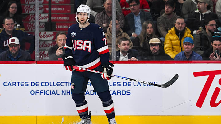 Feb 13, 2025; Montreal, Quebec, CAN; [Imagn Images direct customers only] Team USA defenseman Jaccob Slavin (74) looks on against Team Finland in the second period during a 4 Nations Face-Off ice hockey game at Bell Centre. Mandatory Credit: David Kirouac-Imagn Images