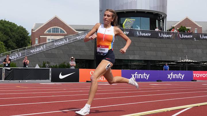 Natalie Dumas of Eastern High (NJ) runs in a women's 800m heat during the USATF Championships at Hayward Field. Natalie Dumas of Eastern High (NJ) runs in a women's 800m heat during the USATF Championships at Hayward Field.