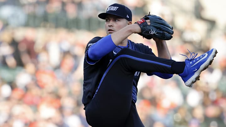 May 9, 2025; Detroit, Michigan, USA;  Detroit Tigers starting pitcher Tarik Skubal (29) pitches in the third inning against the Texas Rangers at Comerica Park.