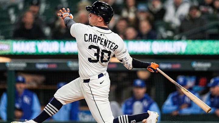 Detroit Tigers right fielder Kerry Carpenter (30) bats against Kansas City Royals during the eighth inning at Comerica Park in Detroit on Thursday, April 17, 2025.