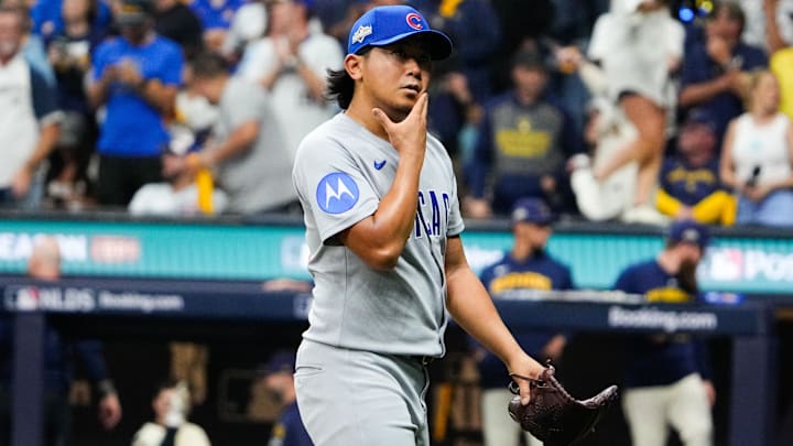 Oct 6, 2025; Milwaukee, Wisconsin, USA; Chicago Cubs pitcher Shota Imanaga (18) leaves the game during the third inning against the Milwaukee Brewers during game two of the NLDS round for the 2025 MLB playoffs at American Family Field. Mandatory Credit: Michael McLoone-Imagn Images