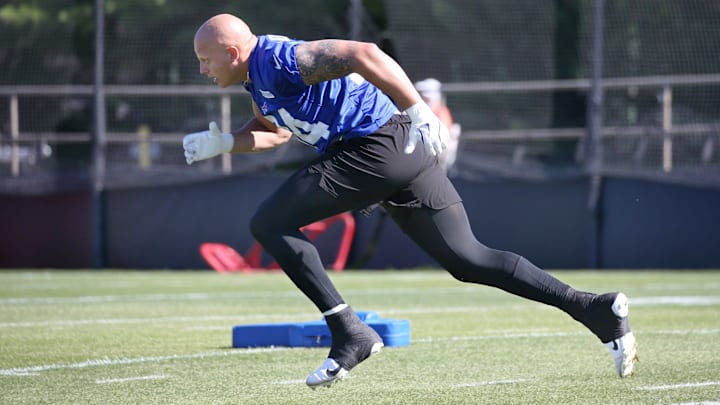 Bills defensive edge Landon Jackson sprints off the line as he works out during the opening day of Buffalo Bills training camp at St. John Fisher University Wednesday, July 23, 2025 in Pittsford.