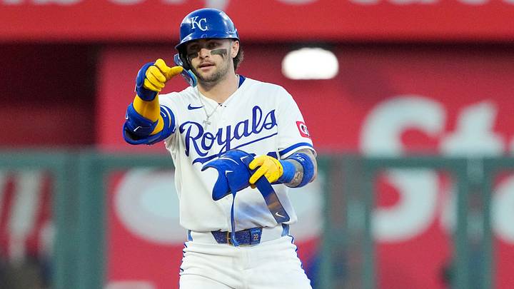 Jun 9, 2026; Kansas City, Missouri, USA; Kansas City Royals catcher Carter Jensen (22) celebrates toward fans after hitting a double against the Texas Rangers during the sixth inning at Kauffman Stadium. Mandatory Credit: Denny Medley-Imagn Images
